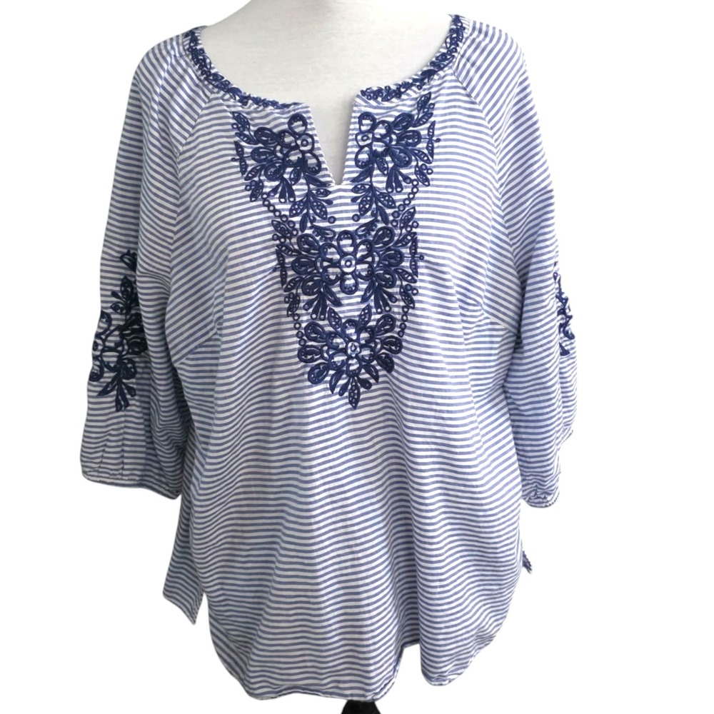 Talbots Plus Petite 2XP Blue White Striped Embroidered Cotton Tunic Top